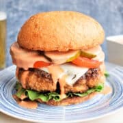 Chicken fried breaded burger on plate.