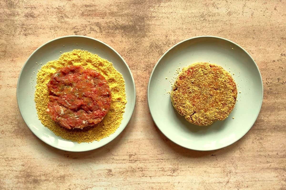 Chicken fried hamburger patties in shake 'n bake coating.