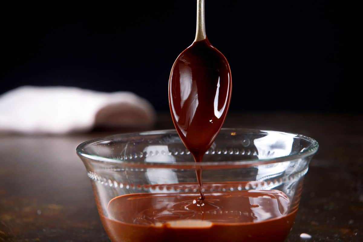 Chocolate coating in bowl and on spoon.