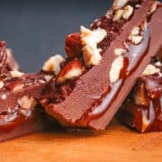 Chocolate caramel bars with hazelnuts.