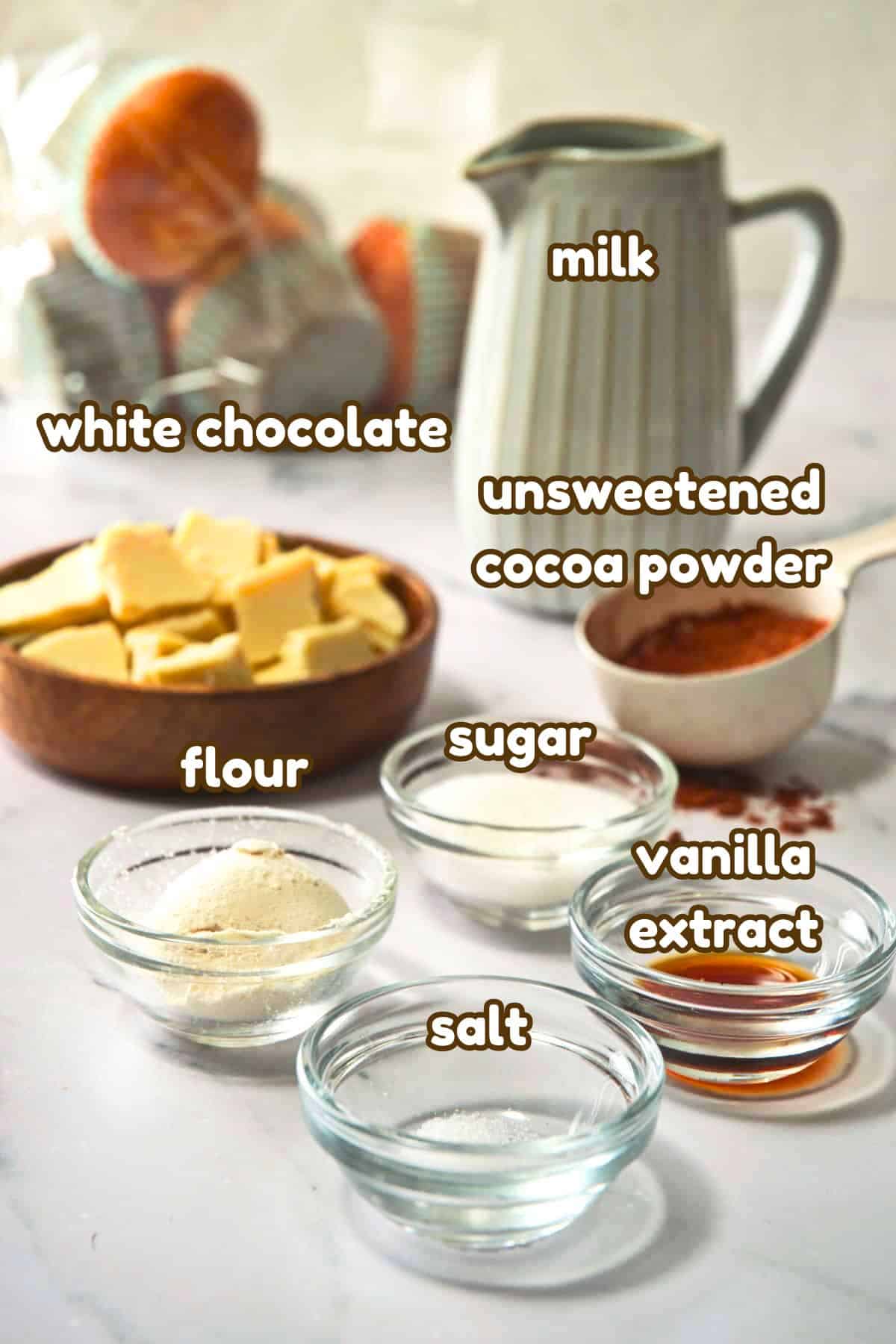 Chocolate gravy ingredients prepped and labeled.