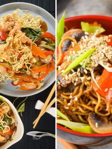 Chow mein and lo mein side by side.