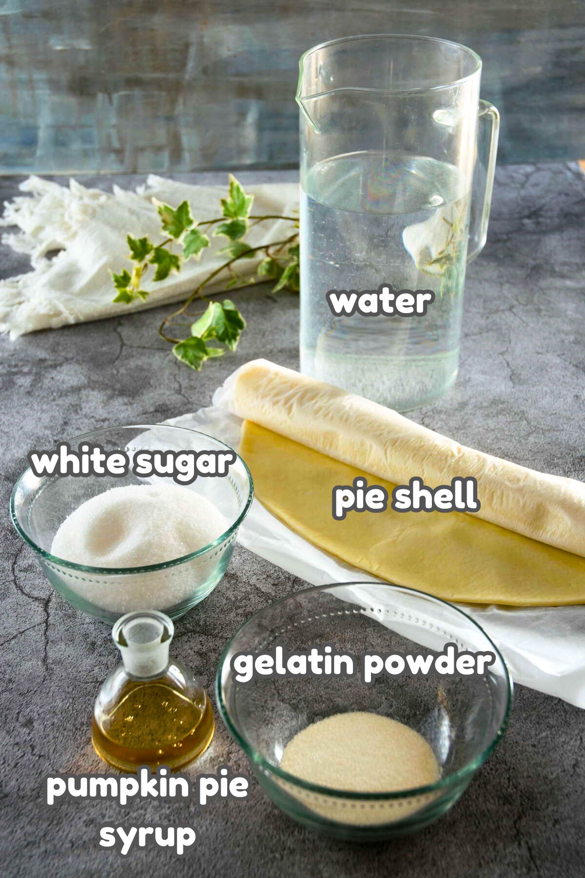 Clear pumpkin pie ingredients labeled.