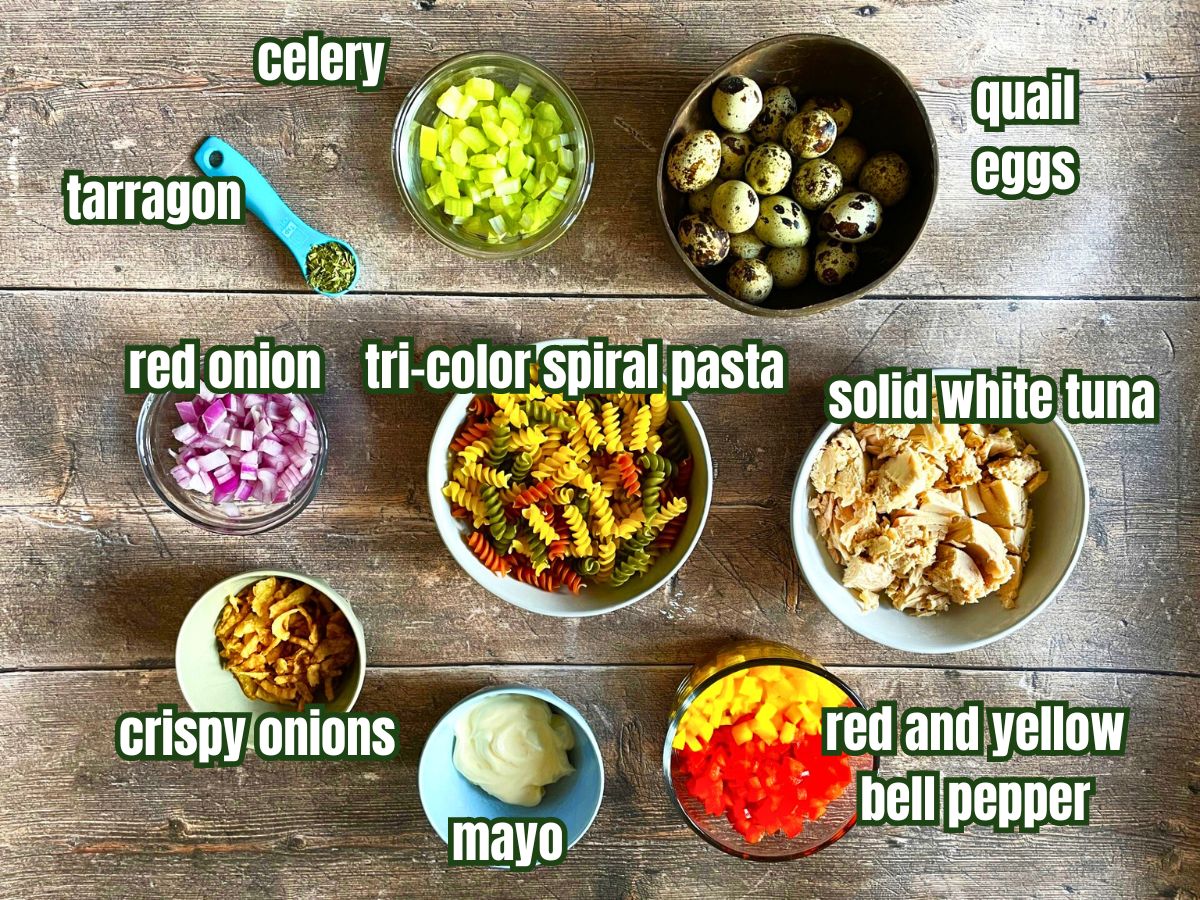 Tuna pasta salad ingredients labeled.