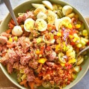 Tuna pasta salad with quail eggs.