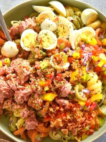 Tuna pasta salad with quail eggs.