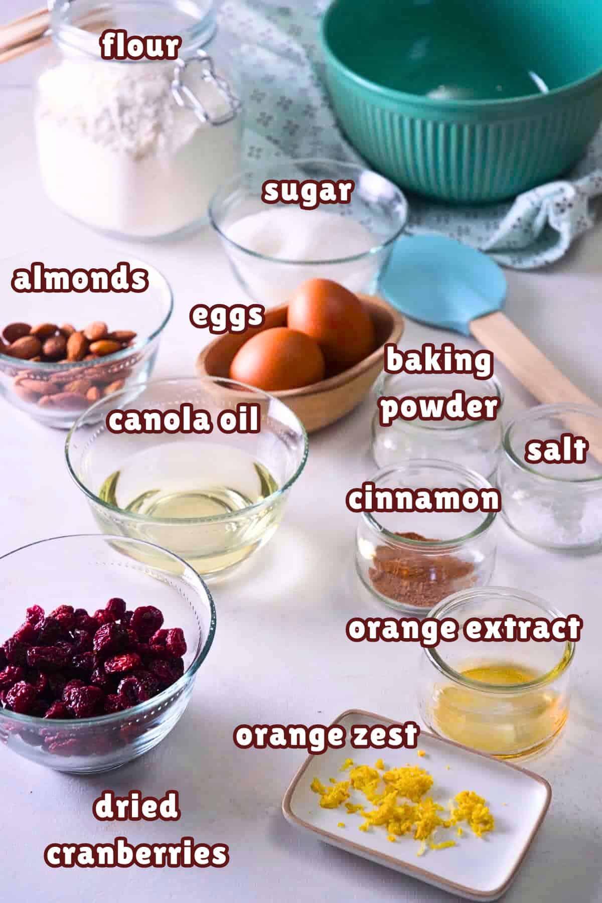 Cranberry biscotti ingredients labeled.