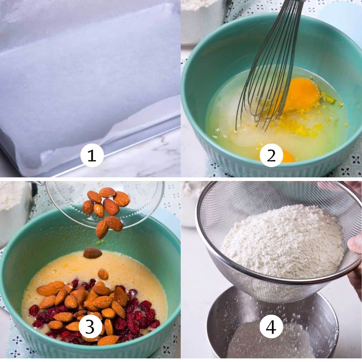 Steps image collage of making cranberry biscotti dough.