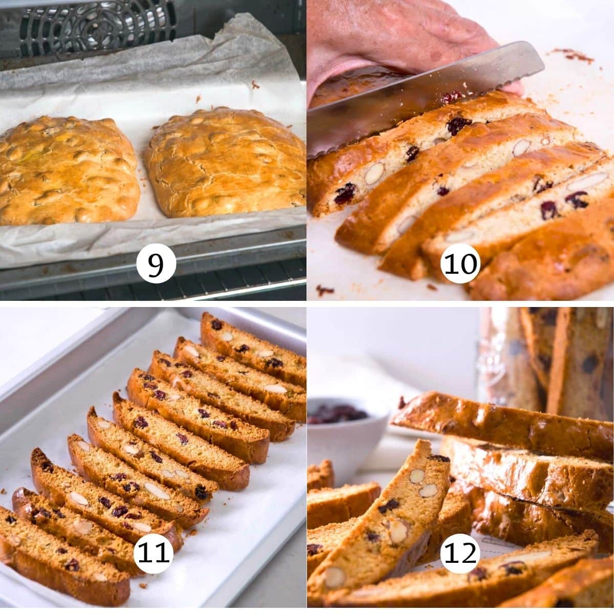 Steps image collage of baking and serving cranberry biscotti.