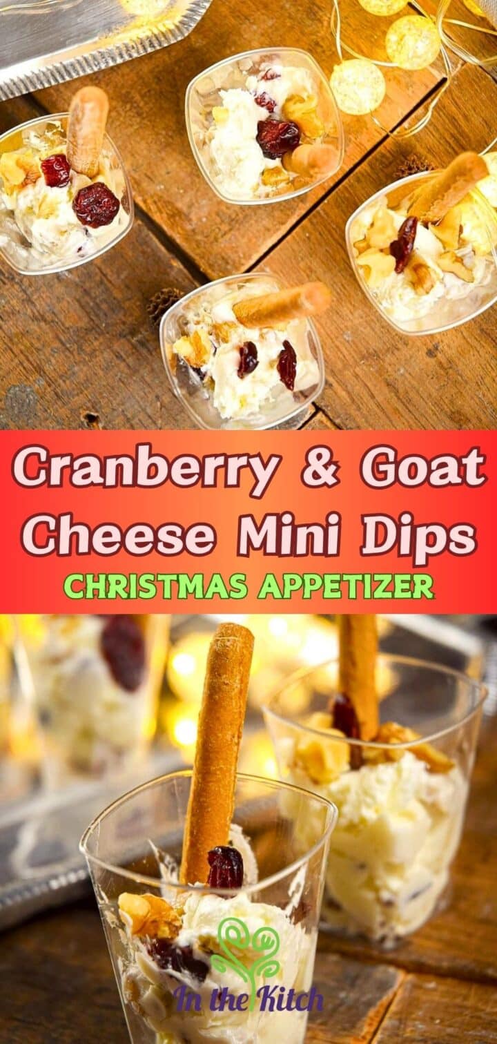 Cranberry cheese mini dips on holiday serving tray with text overlay that says 'cranberry & goat cheese mini dips Christmas appetizer'.