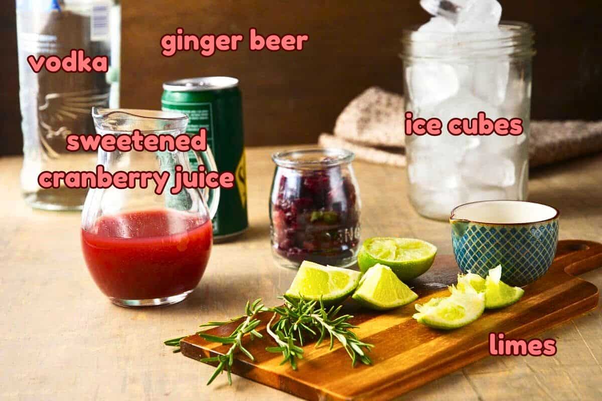 Cranberry Moscow mule ingredients prepped and labeled.