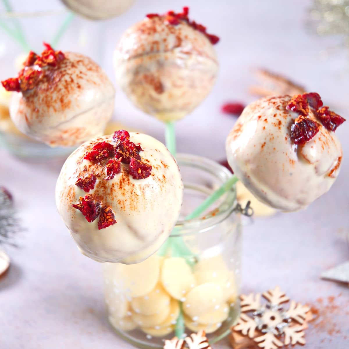 Cranberry white chocolate cake pops sprinkled with cinnamon in decorative jar.