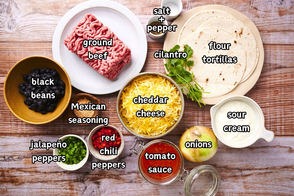 Creamy burrito casserole ingredients prepped and labeled.