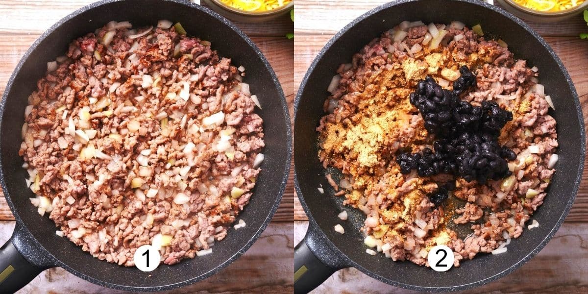 Burrito casserole ground beef filling getting cooked in pan.