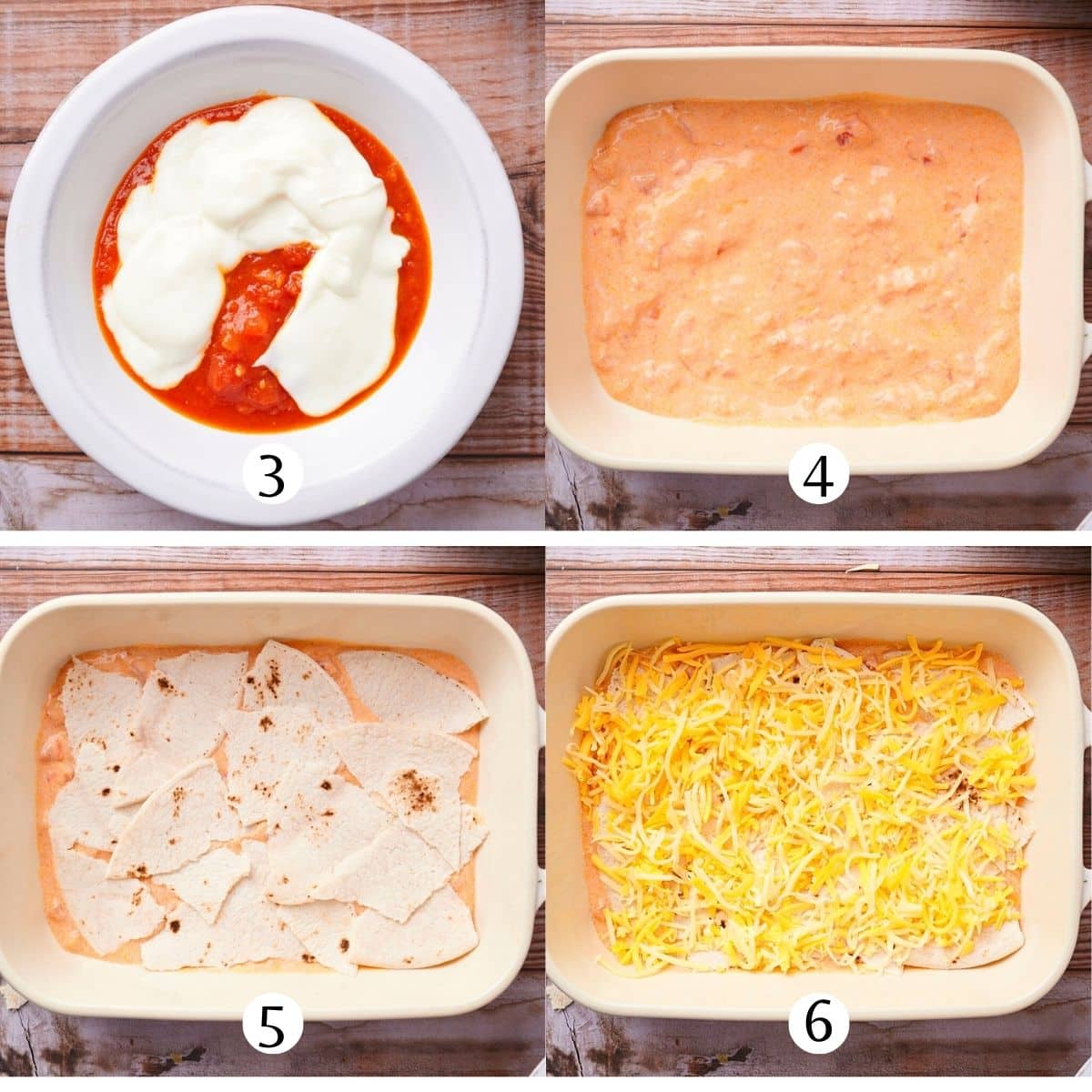 Creamy burrito casserole getting assembled collage.