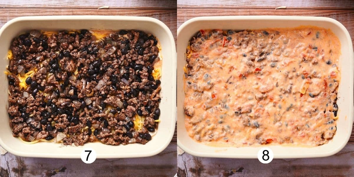 Creamy burrito casserole layers collage.