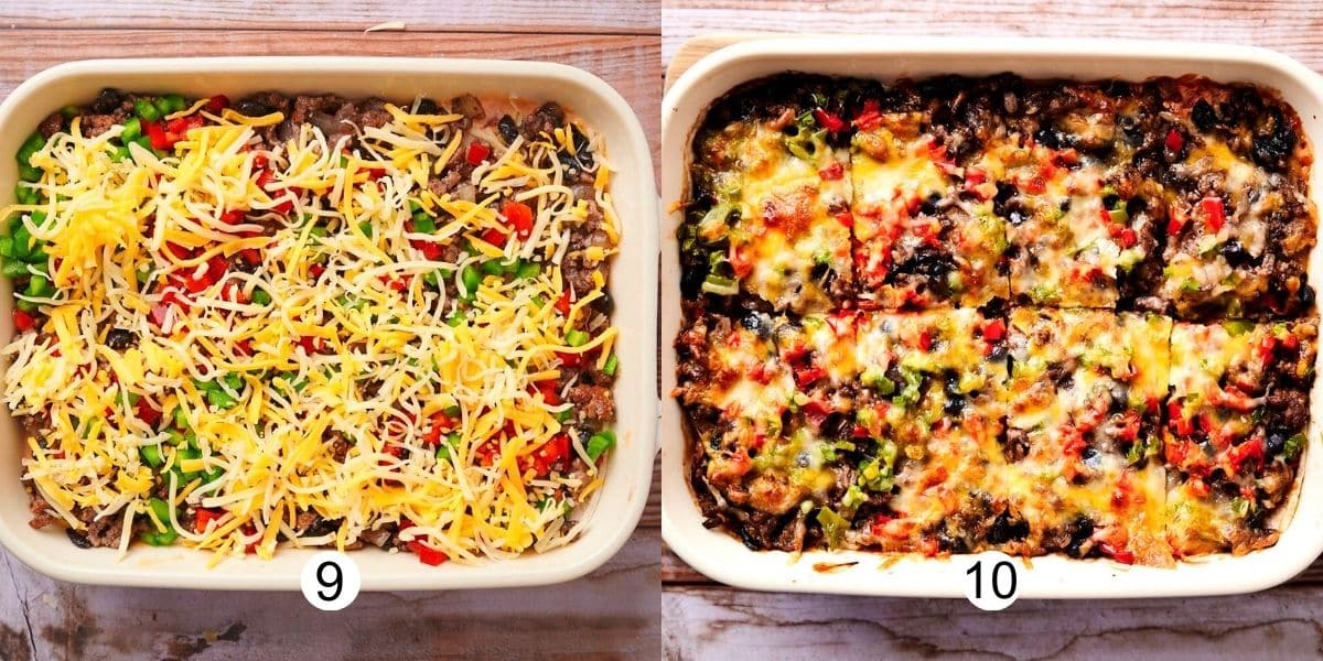 Creamy burrito casserole before and after baking collage.