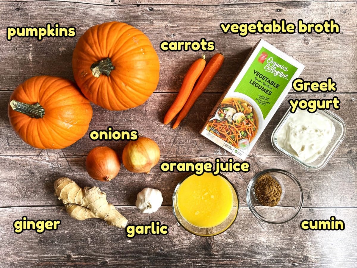 Pumpkin soup ingredients labeled.