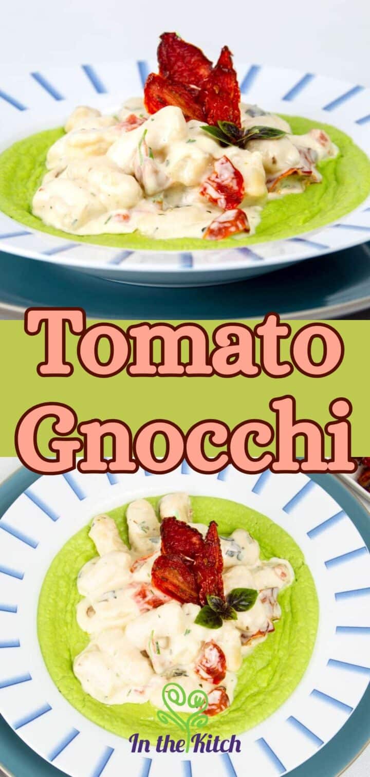 Tomato gnocchi with pea puree in dish and text overlay that says 'tomato gnocchi'.