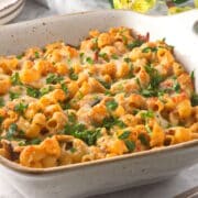 Creamy tuna macaroni casserole in baking dish.