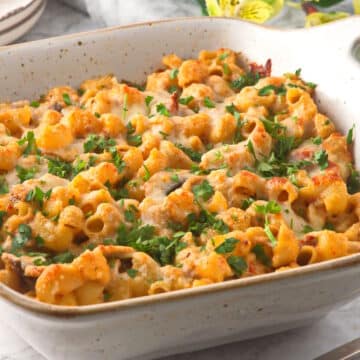 Creamy tuna macaroni casserole in baking dish.