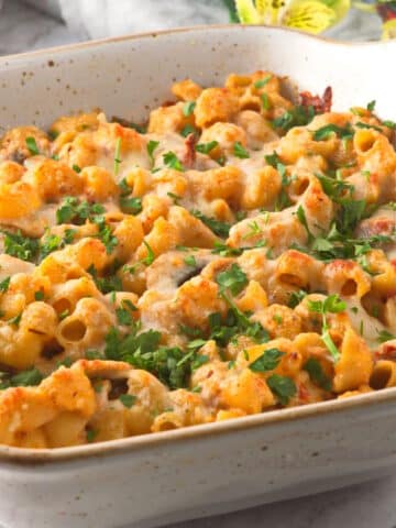 Creamy tuna macaroni casserole in baking dish.