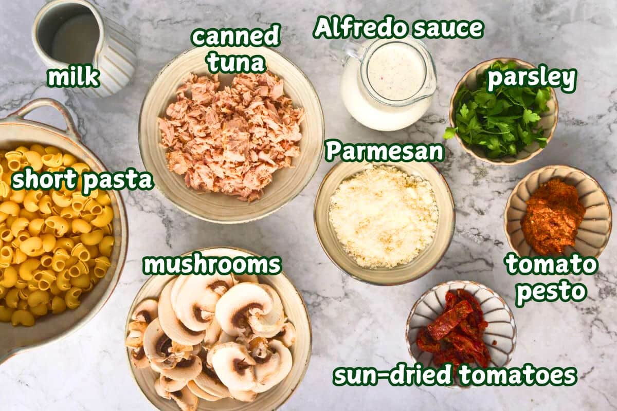 Creamy tuna macaroni casserole ingredients labeled.