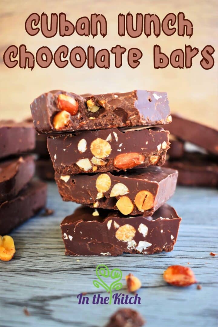 Chocolate bars stacked with text overlay that says 'cuban lunch chocolate bars'.