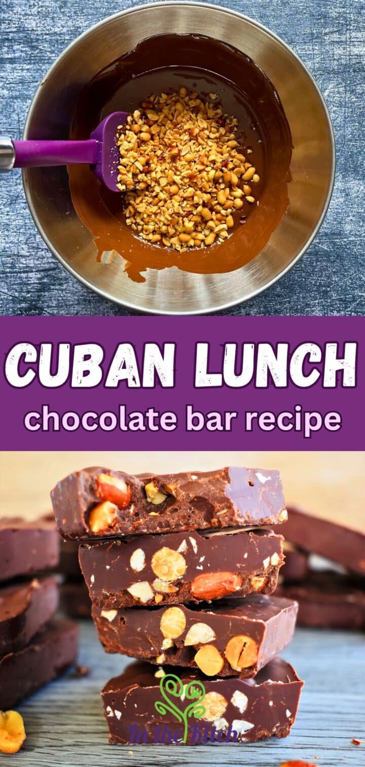 Cuban lunch chocolate bars in bowl and stacked up with text overlay that says 'cuban lunch chocolate bar recipe'.