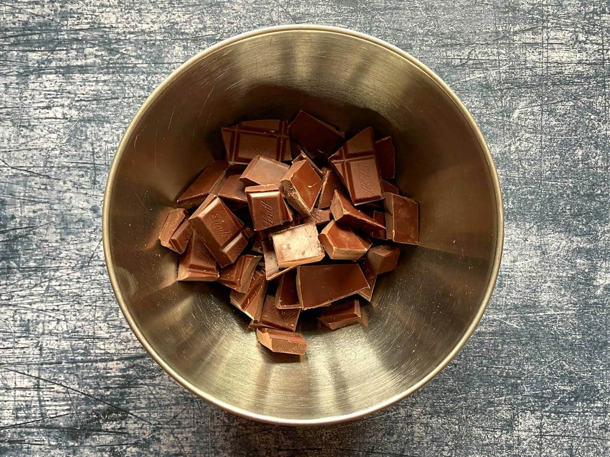 Chocolate pieces in bowl.