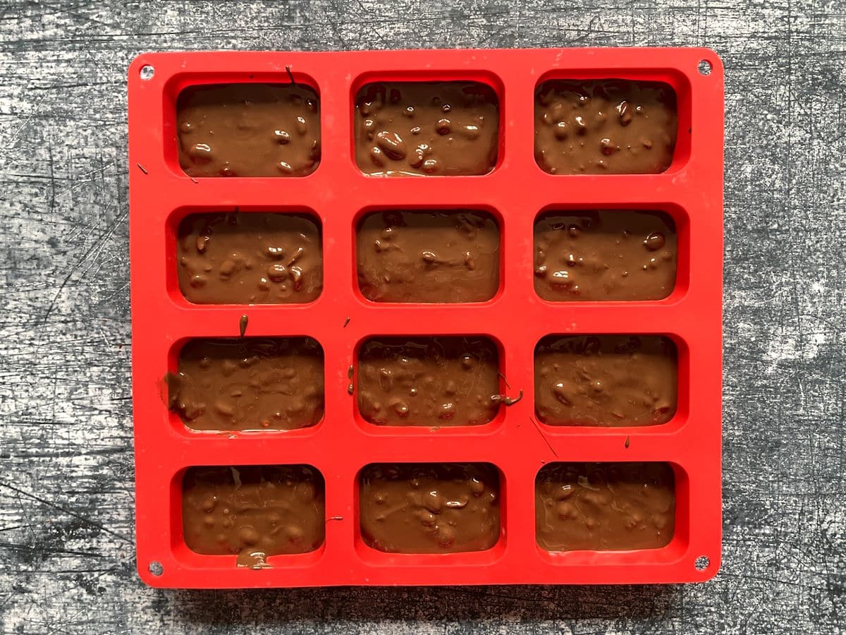 Chocolate and peanuts mixture in candy mold.