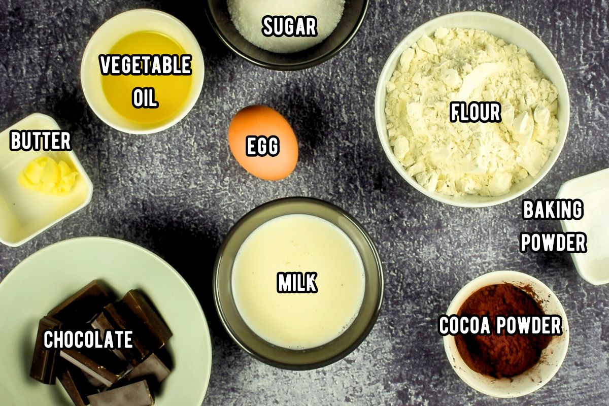 Chocolate donut hole ingredients prepped and labeled.