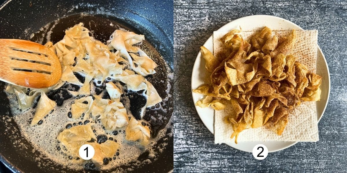Collage of leftover dumpling wrapper cinnamon sugar crisps in pan and on plate.