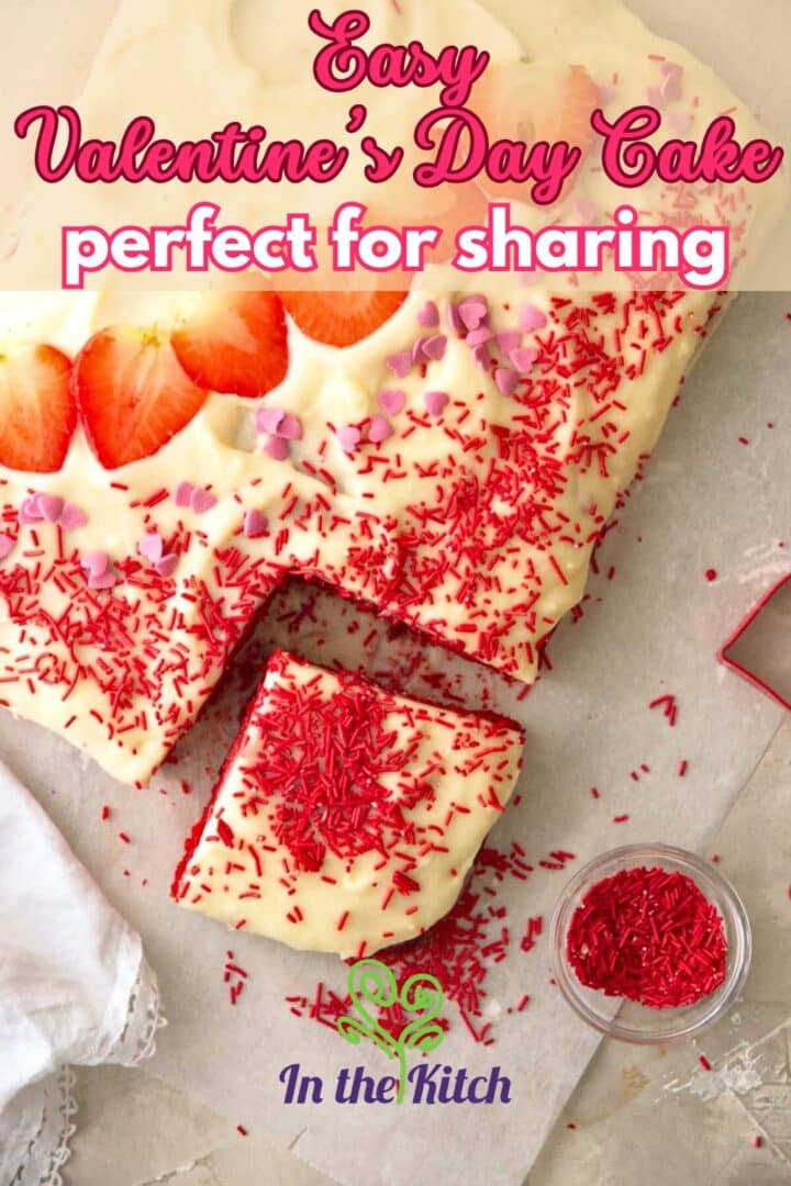 Valentine's Day cake on parchment with text overlay that says 'Easy Valentine's Day Cake - perfect for sharing'.