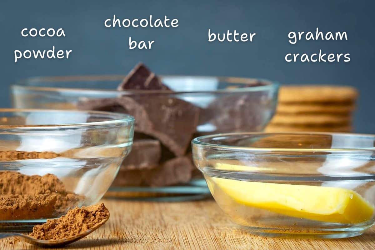 Dark chocolate truffle ingredients prepped and labeled.