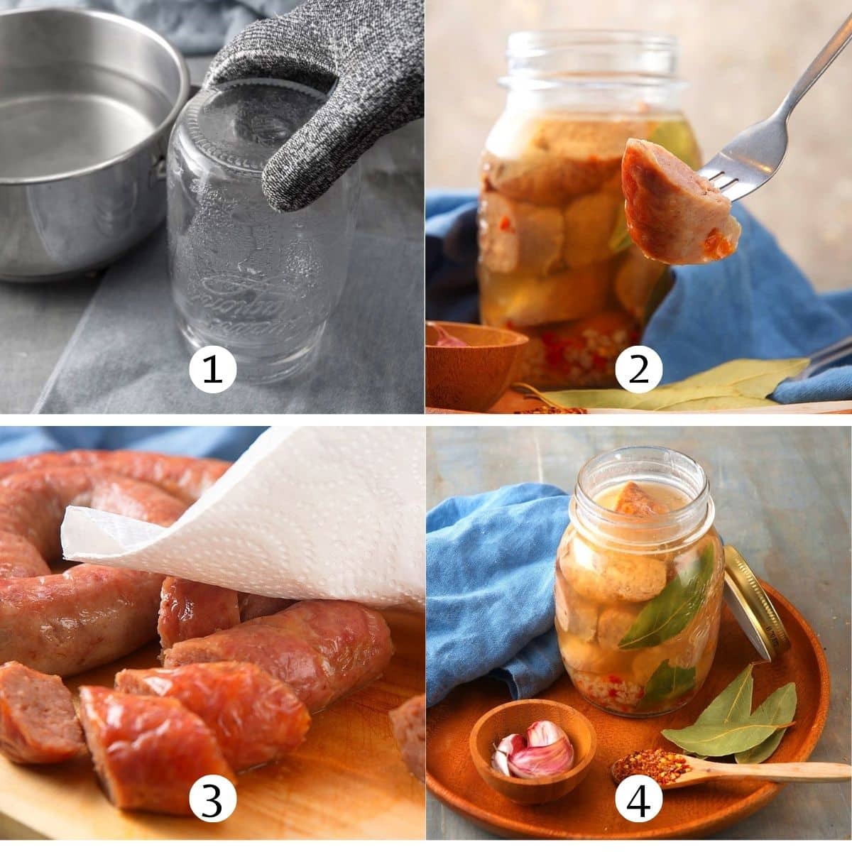 Collage of pickled sausage images including sterilized jar, sausage slice, sausage ring with paper towel and in jar.