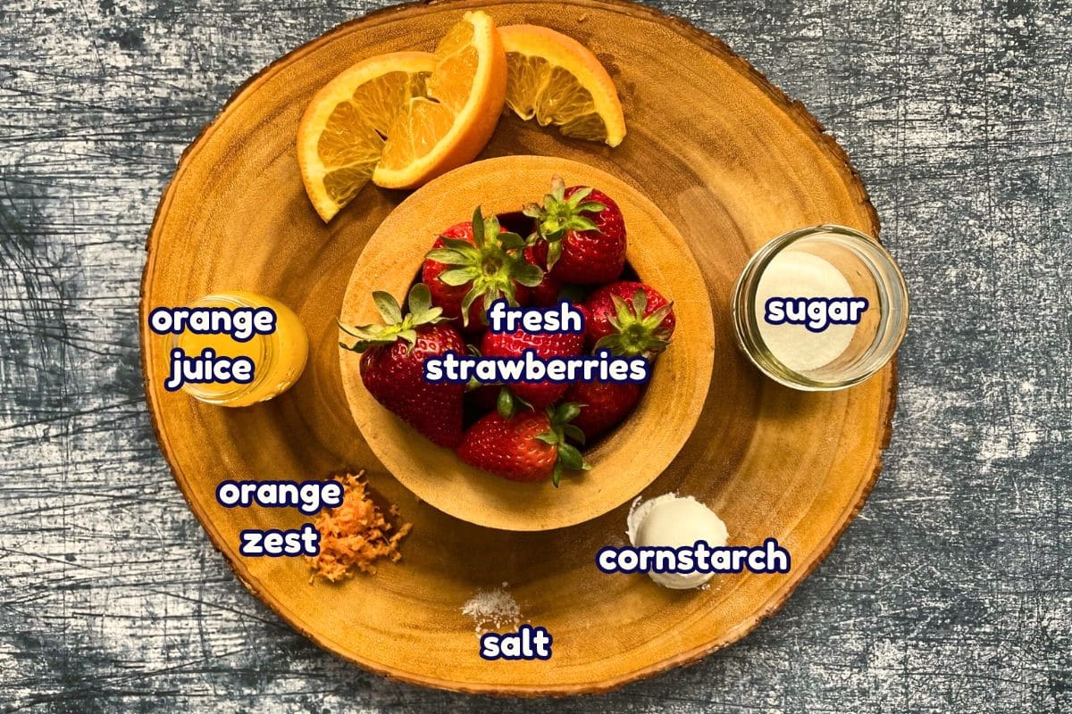 Strawberry compote ingredients prepped and labeled.