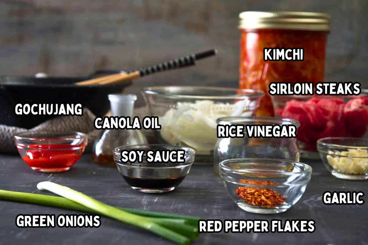 Kimchi beef stew ingredients labeled.