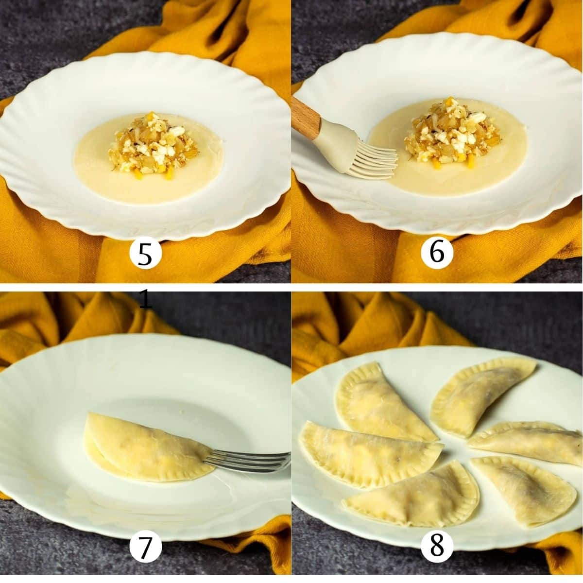 Collage of images of filling pierogies and sealing.