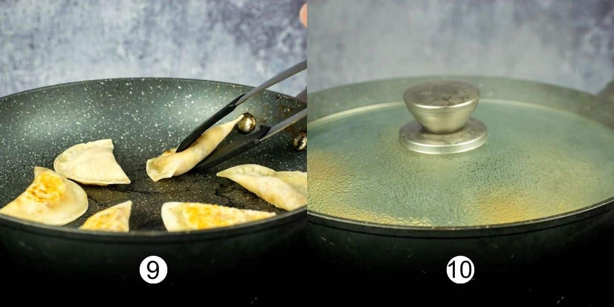 Collage of images cooking pierogies.