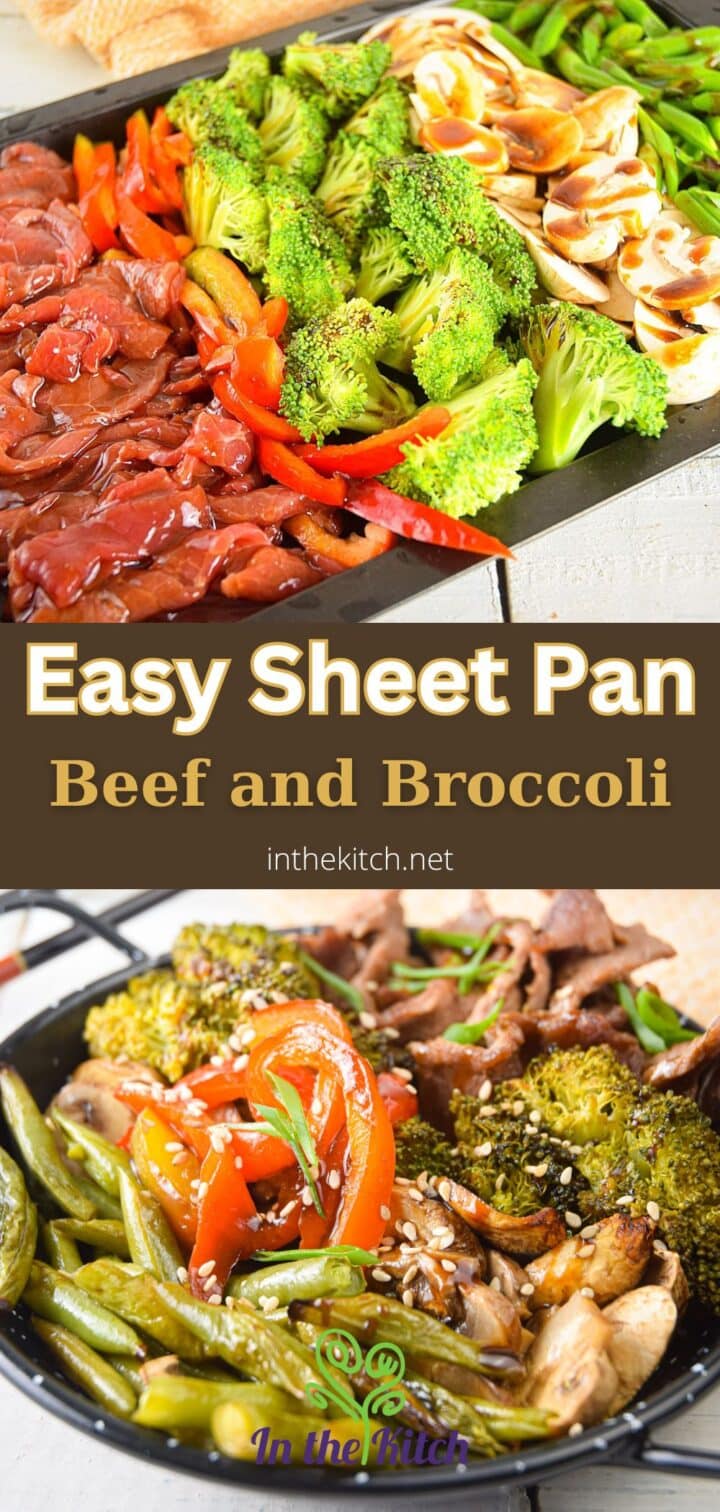 Sheet pan beef and broccoli on pan and in bowl with text overlay that says 'easy sheet pan beef and broccoli'.