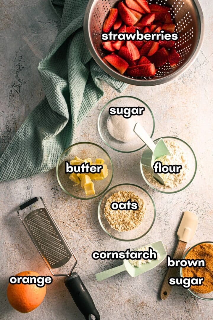 Strawberry crumble ingredients prepped and labeled.