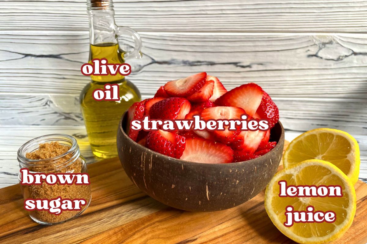 Strawberry vinaigrette ingredients prepped and labeled.