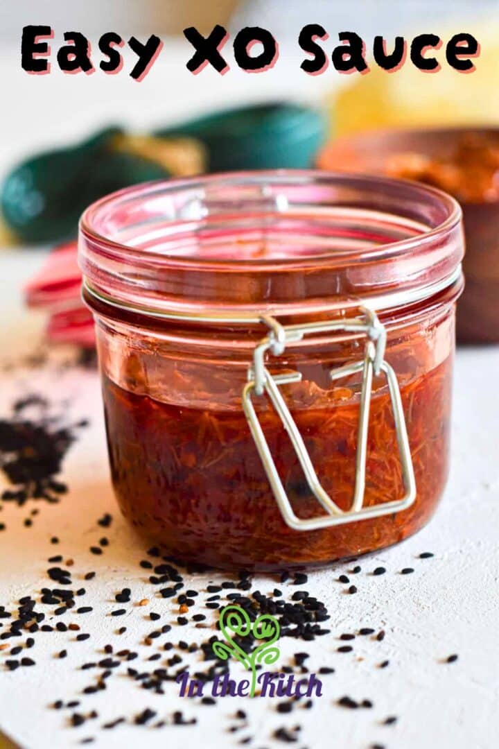 Chinese Xo sauce in jar with text overlay that says 'easy xo sauce'.