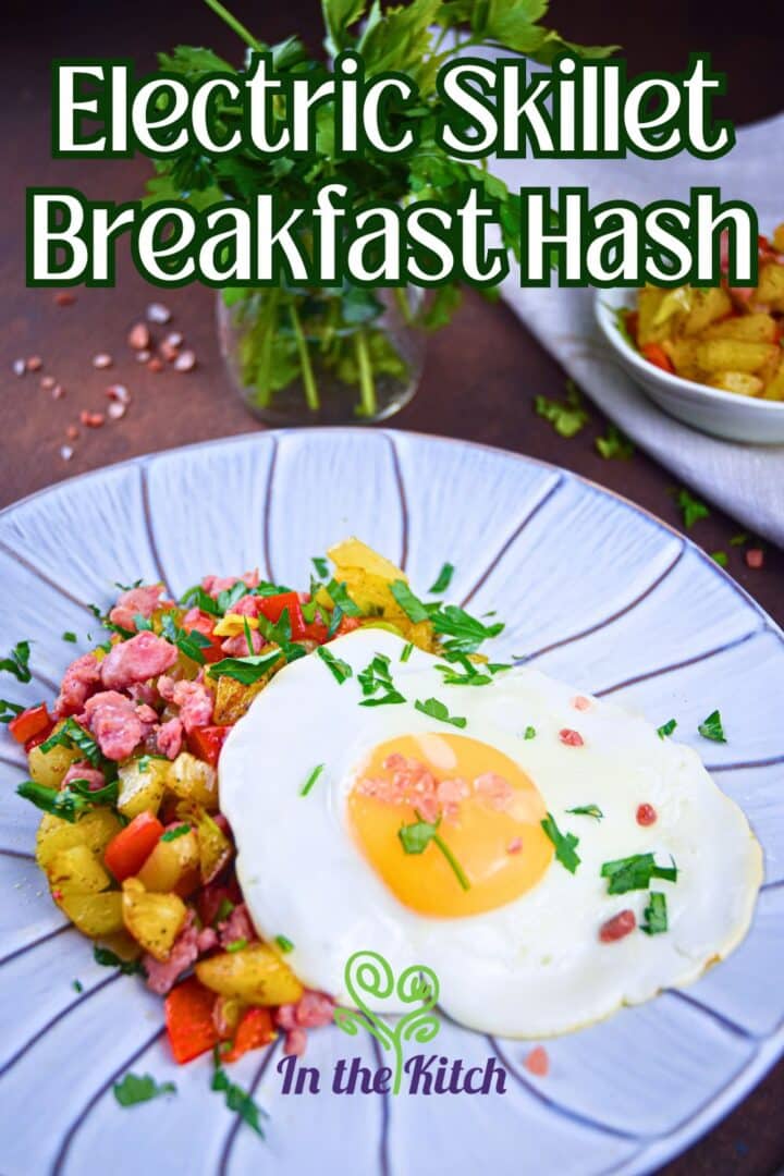 Breakfast sausage and egg hash browns on plate with text overlay that says 'electric skillet breakfast hash'.