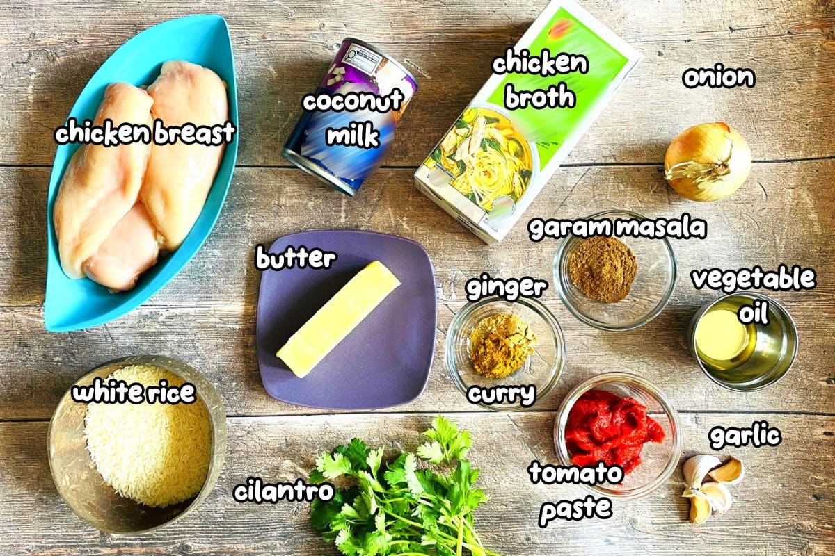 Electric skillet butter chicken ingredients labelled on wooden background.