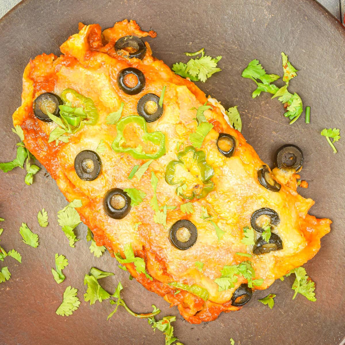 Electric skillet chicken enchiladas on brown plate.