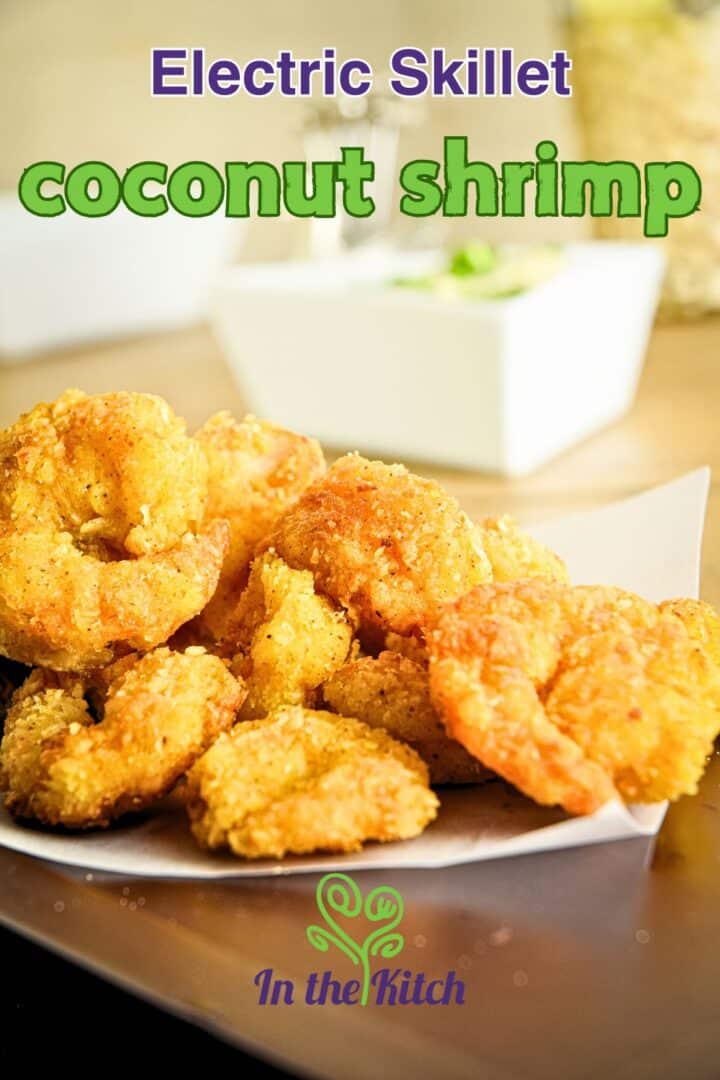 Fried coconut shrimp with text overlay that says 'electric skillet coconut shrimp'.