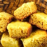 Cornbread in woven dish.