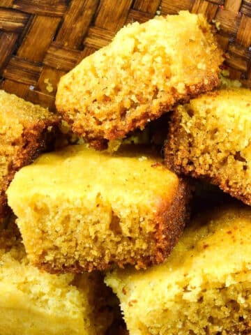 Cornbread in woven dish.